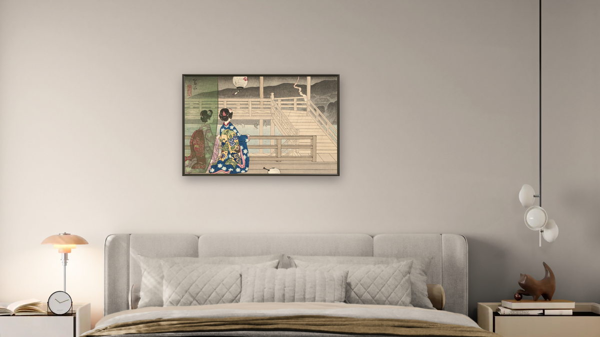 Shower on the Kamo River by Miki Suizan, shown at 28 × 42 in (71.1 × 106.7 cm) on canvas in Ramino Satin Black, bedroom