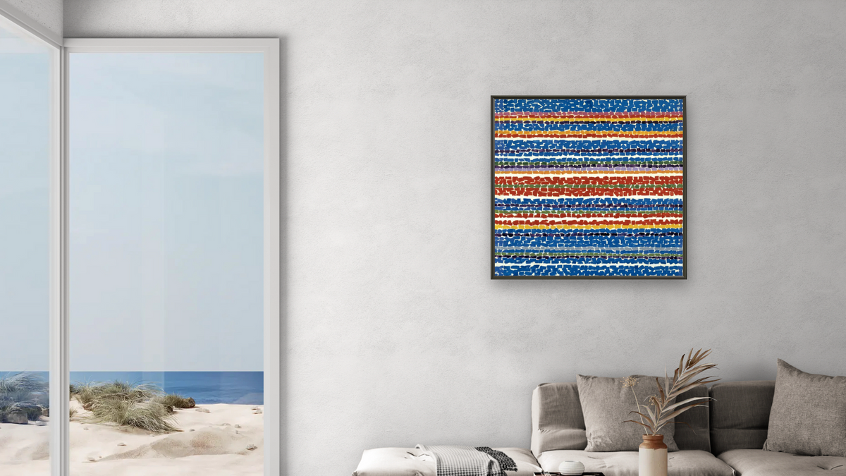 Light Blue Nursery by Alma Thomas, shown at 32 × 32 in (81.3 × 81.3 cm) on canvas in Ramino Satin Black, living