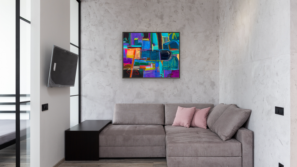Eastern Promise by Kelly O'Neal, shown at 32 × 40 in (81.3 × 101.6 cm) on canvas in Ramino Satin Black, media room