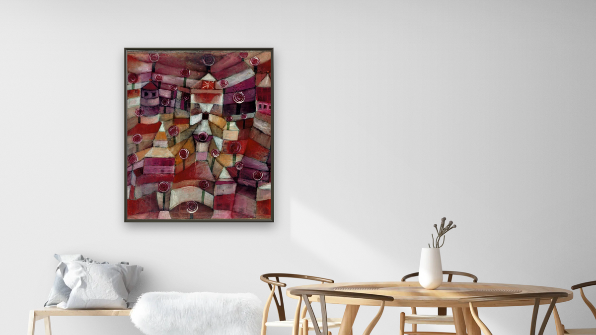 Rose Garden by Paul Klee, shown at 32 × 40 in (81.3 × 101.6 cm) on canvas in Ramino Satin Black, dining