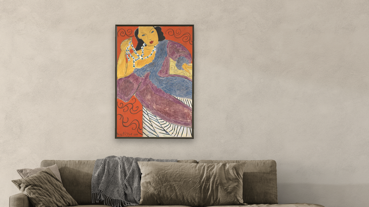 L'Asie (Asia) by Henri Matisse, shown at 28 × 42 in (71.1 × 106.7 cm) on canvas in Ramino Satin Black, living