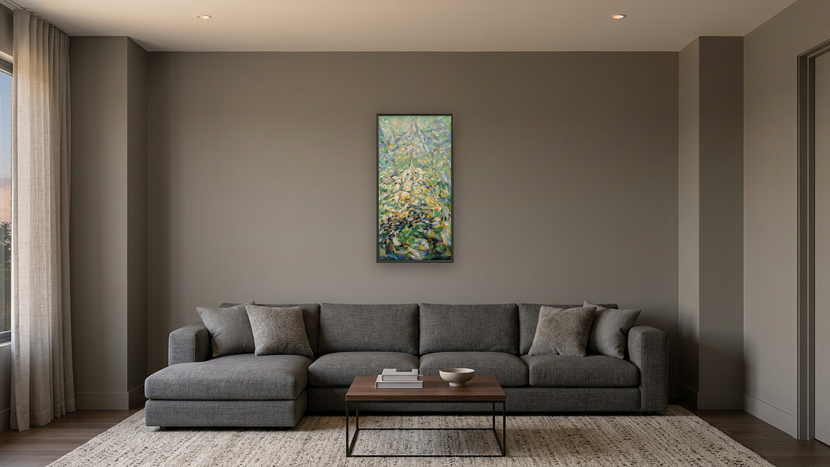 Spring (The Procession) by Joseph Stella, shown at 20 × 40 in (50.8 × 101.6 cm) on canvas in Ramino Satin Black, media room