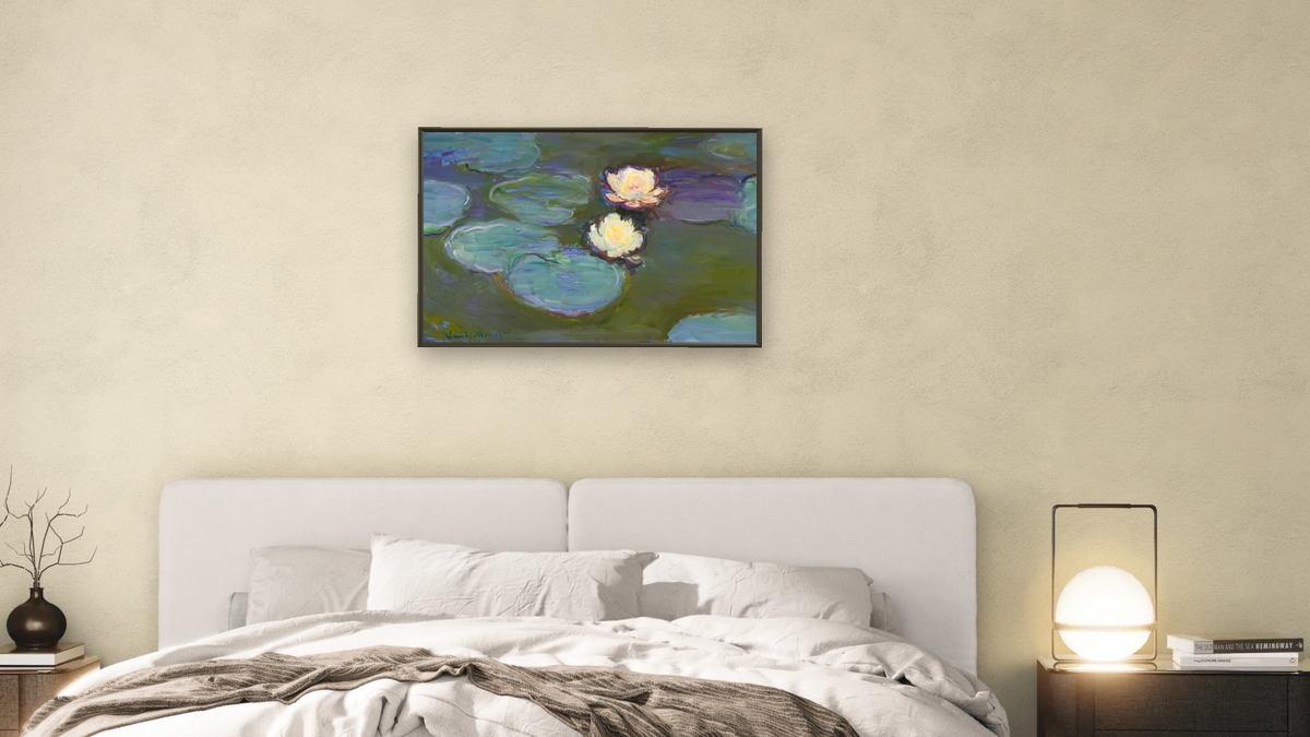 Nympheas by Claude Monet, shown at 28 × 42 in (71.1 × 106.7 cm) on canvas in Ramino Satin Black, bedroom