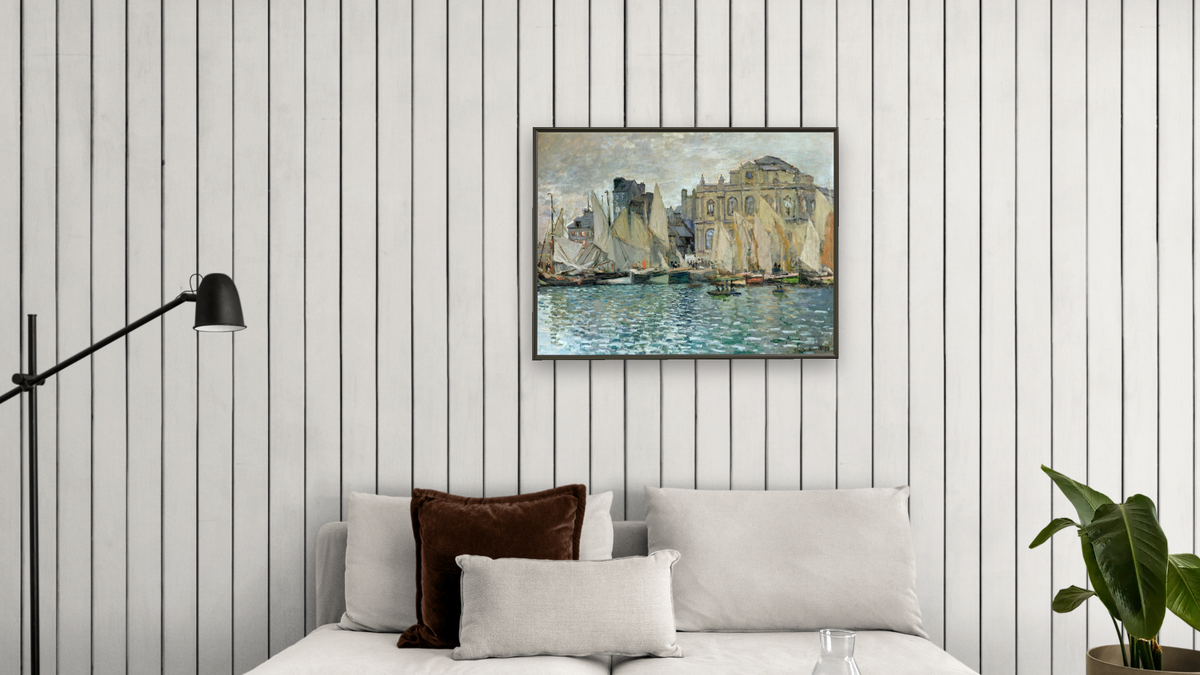 View of Le Havre by Claude Monet, shown at 30 × 40 in (76.2 × 101.6 cm) on canvas in Ramino Satin Black, living