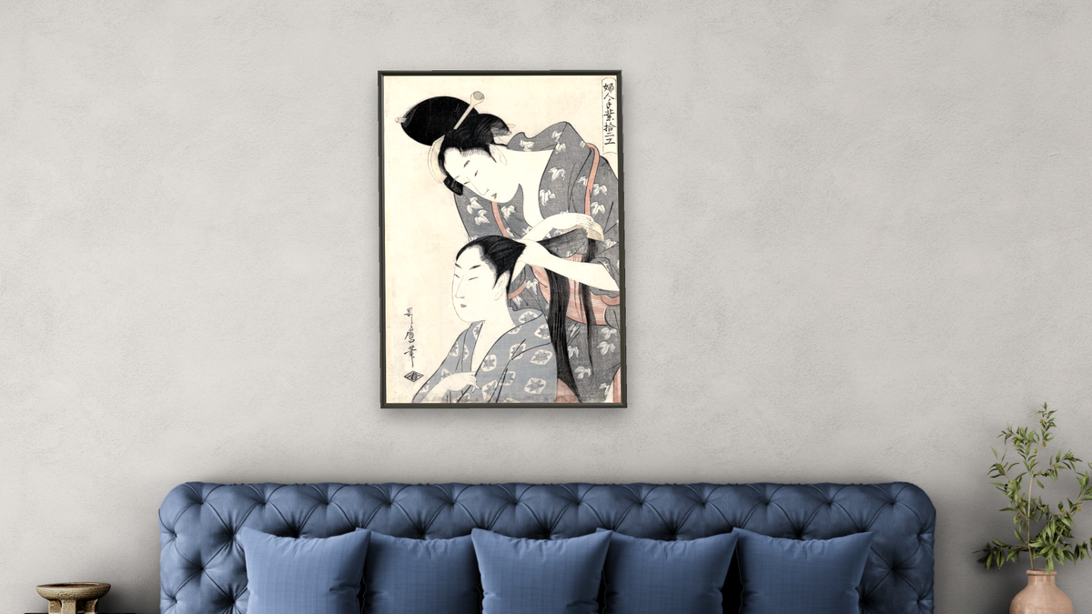 Hairdresser, illustration from the series 'Twelve types of women's handicraft', shown at 28 × 42 in (71.1 × 106.7 cm) on canvas in Ramino Satin Black, bedroom