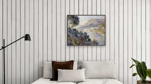 A View of Cape Martin, Monte Carlo by Claude Monet, shown at 32 × 40 in (81.3 × 101.6 cm) on canvas in Ramino Satin Black, living [arteriel-render:v6:room_a:32x40@57,36]