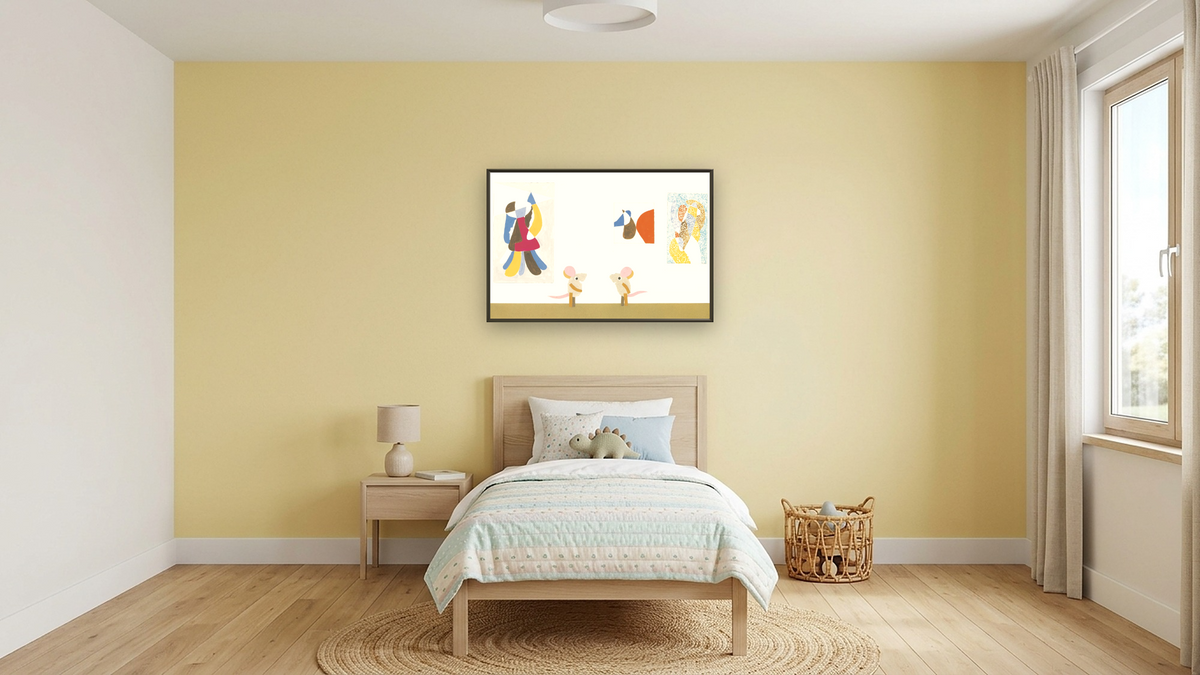 Matthew's Dream VI, shown at 28 × 42 in (71.1 × 106.7 cm) on canvas in Ramino Satin Black, kids' room