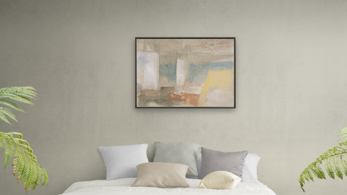 Turner's Bedroom in the Palazzo Giustinian (the Hotel Europa), Venice by Joseph Mallord William Turner, shown at 30 × 40 in (76.2 × 101.6 cm) on canvas in Ramino Satin Black, bedroom