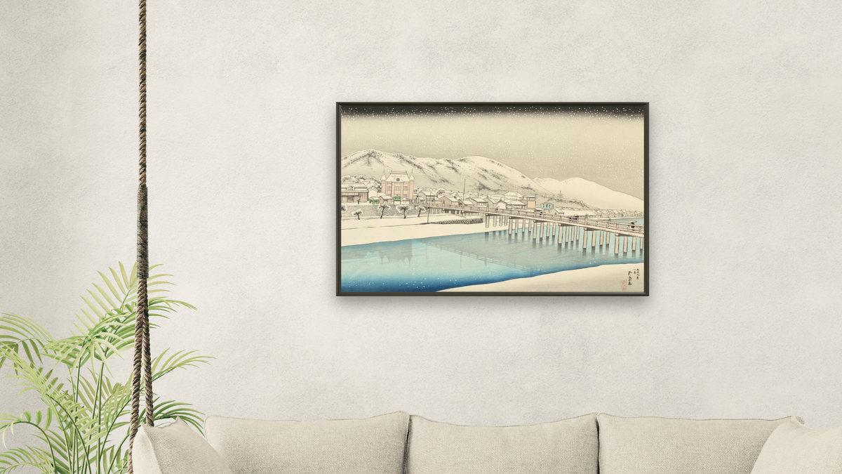 Sanjō Bridge (Kyoto Sanjō Ohashi) by Goyō Hashiguchi, shown at 28 × 42 in (71.1 × 106.7 cm) on canvas in Ramino Satin Black, living