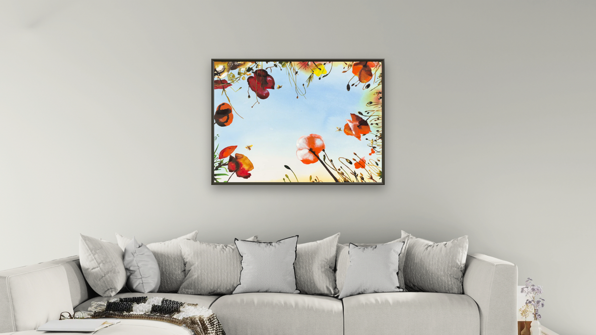 Poppies by Alexis Rockman, shown at 30 × 40 in (76.2 × 101.6 cm) on canvas in Ramino Satin Black, living