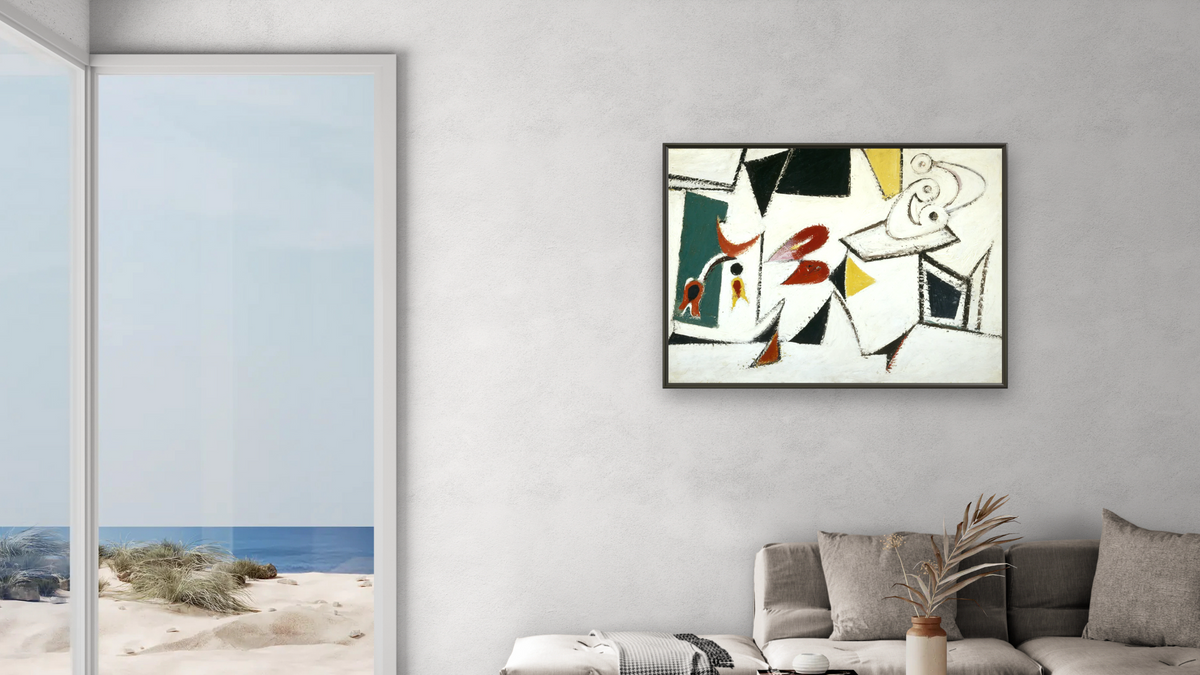 Composition by Arshile Gorky, shown at 30 × 40 in (76.2 × 101.6 cm) on canvas in Ramino Satin Black, living
