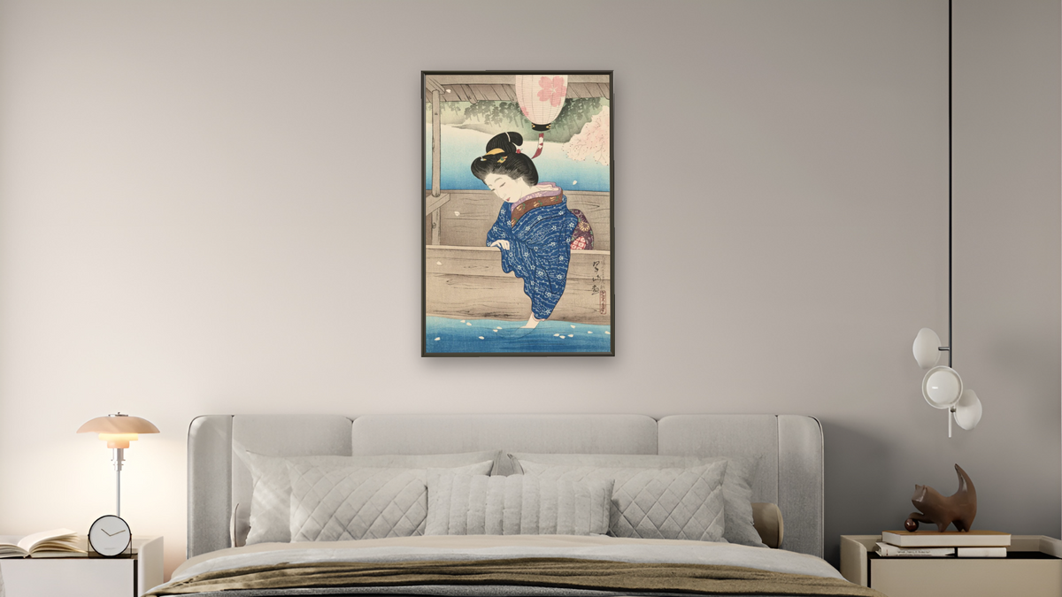 Pleasure Boat on the Oseki River (Osekigawa no Hanami-Bune) by Miki Suizan, shown at 28 × 42 in (71.1 × 106.7 cm) on canvas in Ramino Satin Black, bedroom