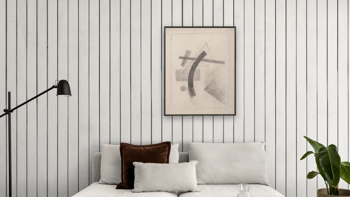Untitled by Kazimir Malevich, shown at 32 × 40 in (81.3 × 101.6 cm) on canvas in Ramino Satin Black, living