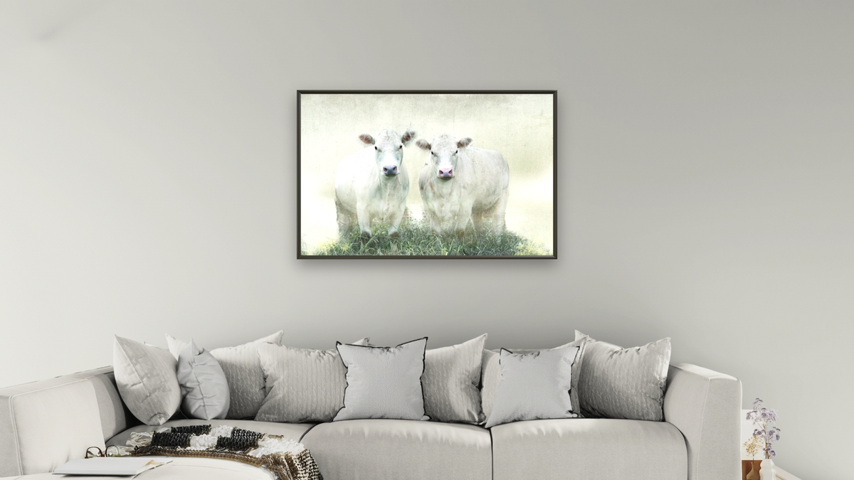 alabaster by Brandon Luther, shown at 28 × 42 in (71.1 × 106.7 cm) on canvas in Ramino Satin Black, living