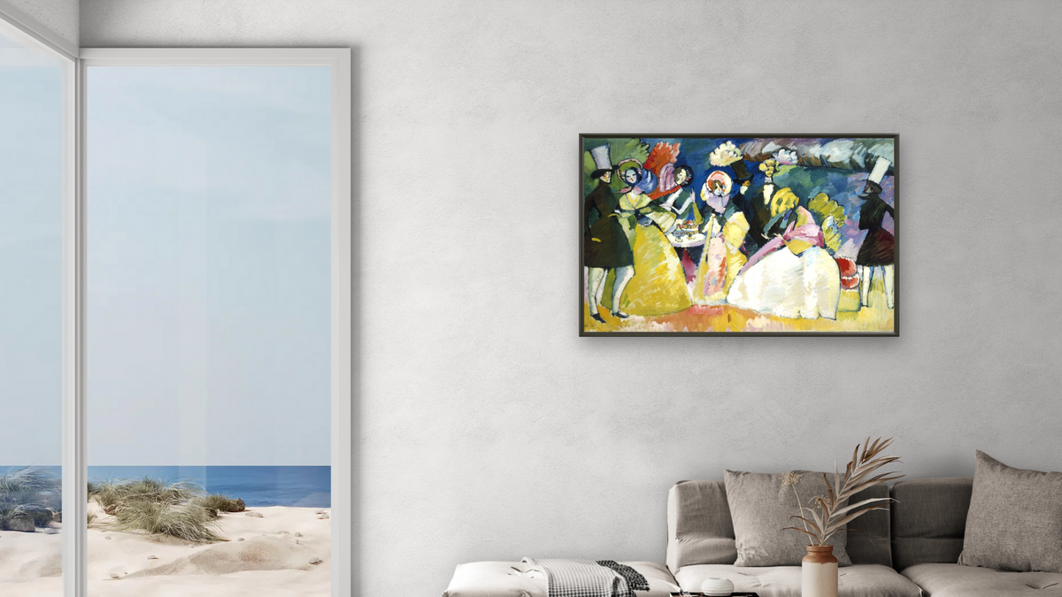 Group in Crinolines, shown at 28 × 42 in (71.1 × 106.7 cm) on canvas in Ramino Satin Black, living