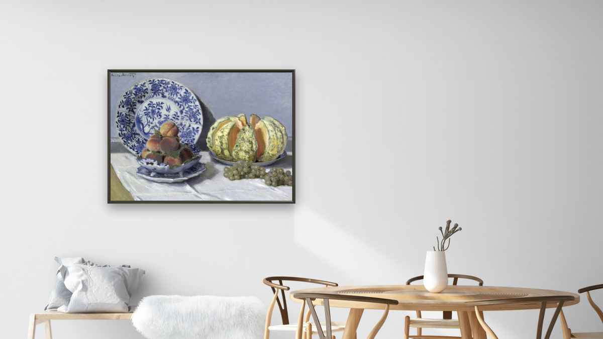 Still Life with Melon by Claude Monet, shown at 30 × 40 in (76.2 × 101.6 cm) on canvas in Ramino Satin Black, dining