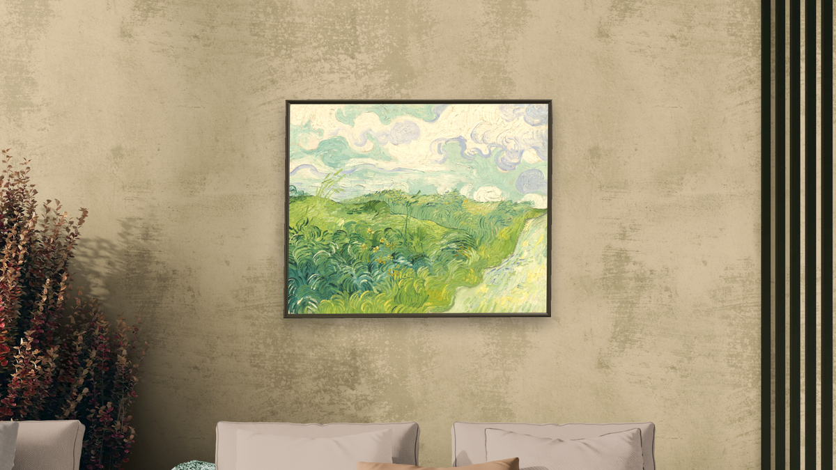 Green Wheat Fields, Auvers by Vincent van Gogh, shown at 32 × 40 in (81.3 × 101.6 cm) on canvas in Ramino Satin Black, living