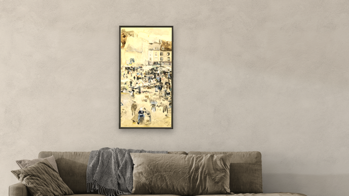 European Street Scene by Maurice Brazil Prendergast, shown at 20 × 40 in (50.8 × 101.6 cm) on canvas in Ramino Satin Black, living