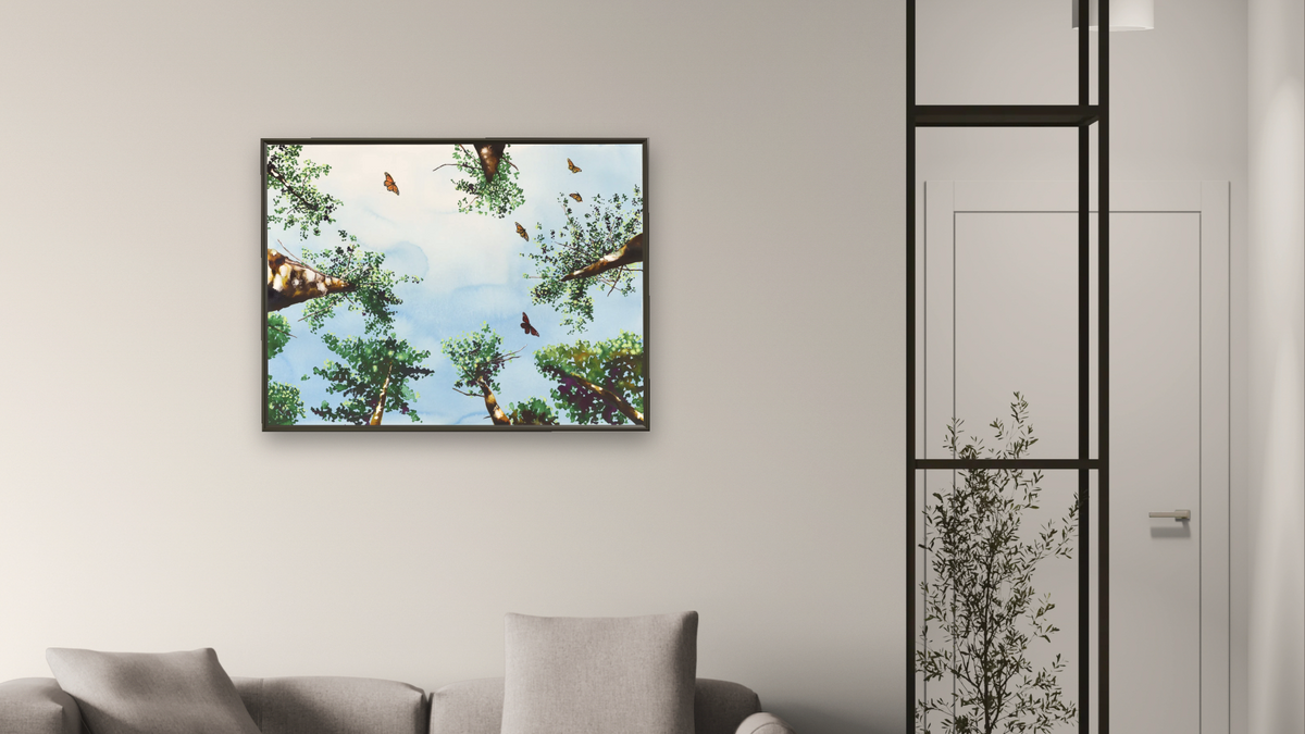 Monarch Migration by Alexis Rockman, shown at 30 × 40 in (76.2 × 101.6 cm) on canvas in Ramino Satin Black, living