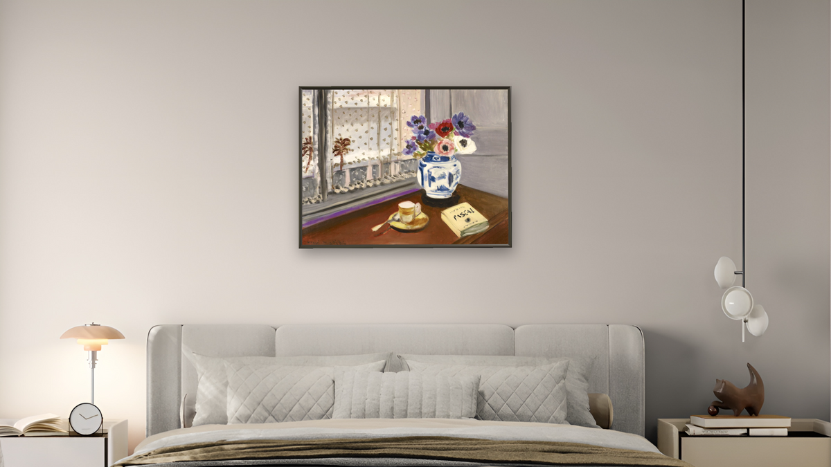 Still Life with Pascals <I>Pensées<I>, 1924 by Henri Matisse, shown at 30 × 40 in (76.2 × 101.6 cm) on canvas in Ramino Satin Black, bedroom