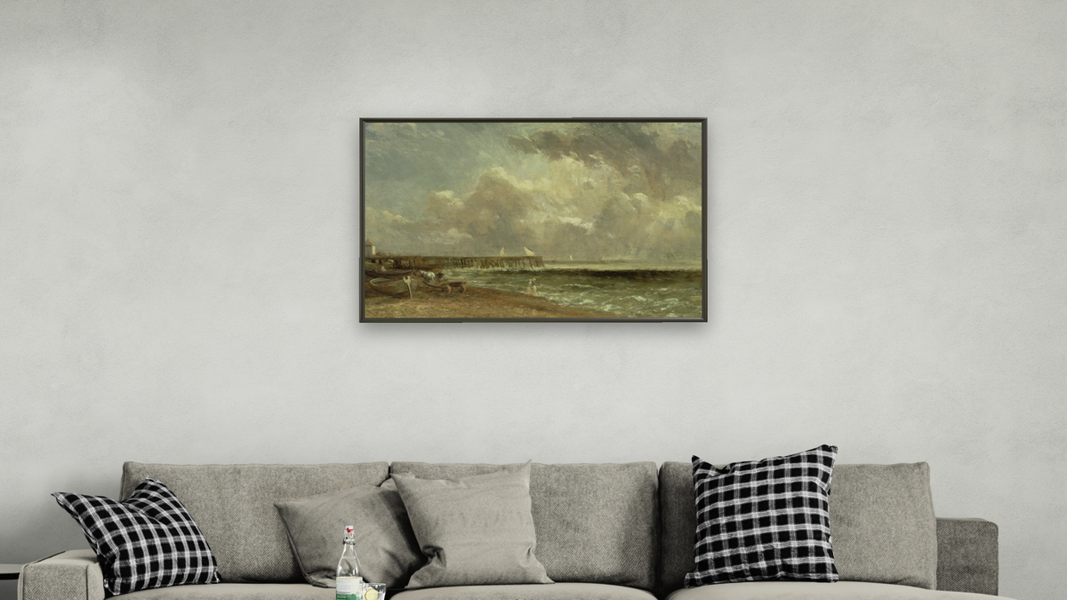 Yarmouth Pier by John Constable, shown at 28 × 42 in (71.1 × 106.7 cm) on canvas in Ramino Satin Black, living