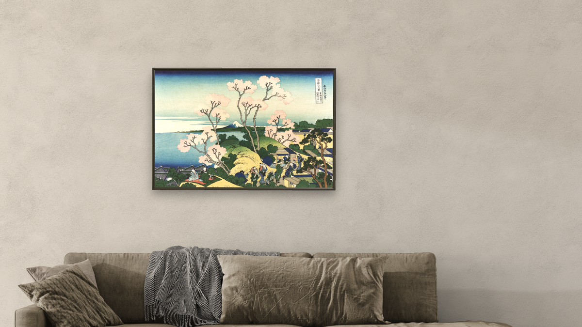 Goten-yama Hill, at Shinagawa on the Tokaido by Katsushika Hokusai, shown at 28 × 42 in (71.1 × 106.7 cm) on canvas in Ramino Satin Black, living