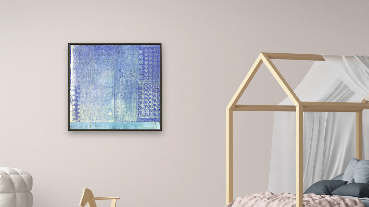 Day Break, shown at 32 × 32 in (81.3 × 81.3 cm) on canvas in Ramino Satin Black, bedroom
