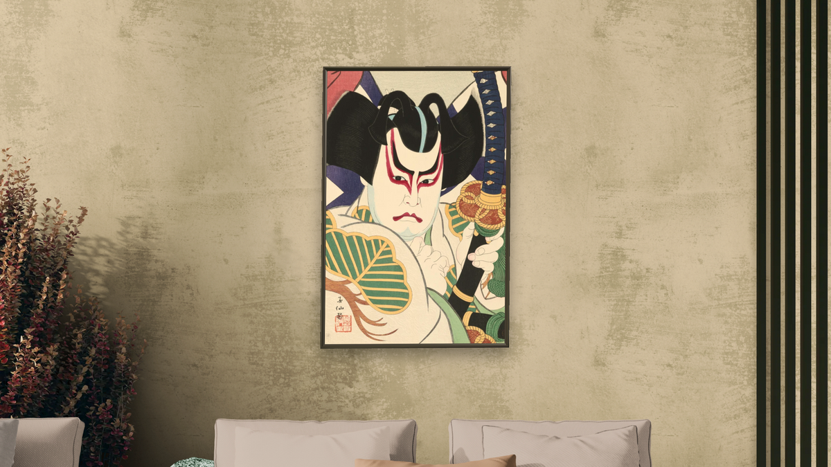 The Actor Bando Hikosaburo VI as Shajin Matsuomaru by Natori Shunsen, shown at 28 × 42 in (71.1 × 106.7 cm) on canvas in Ramino Satin Black, living