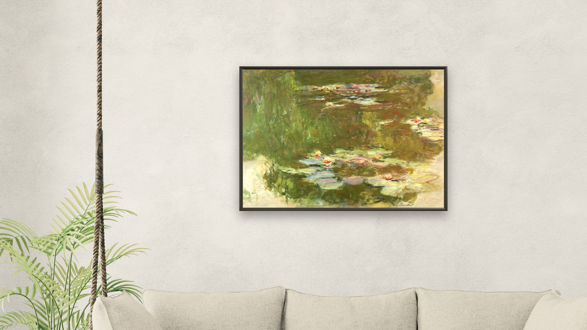 Lily Pond by Claude Monet, shown at 30 × 40 in (76.2 × 101.6 cm) on canvas in Ramino Satin Black, living