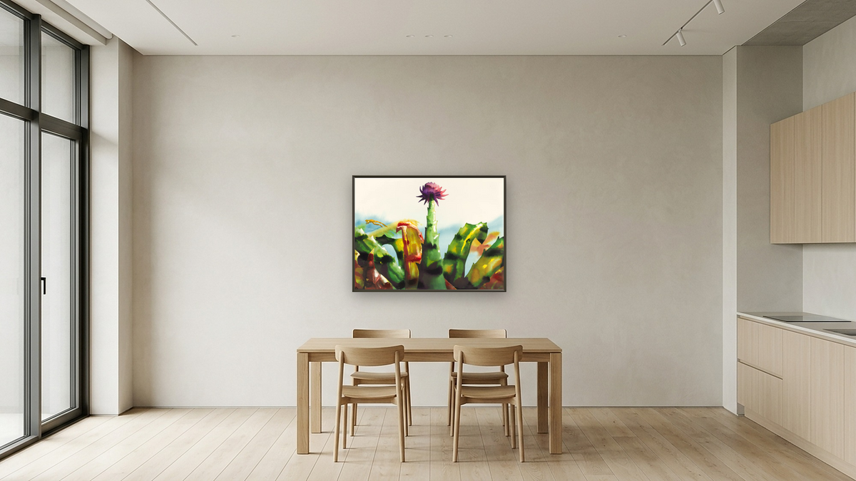 Bromeliad by Alexis Rockman, shown at 30 × 40 in (76.2 × 101.6 cm) on canvas in Ramino Satin Black, kitchen