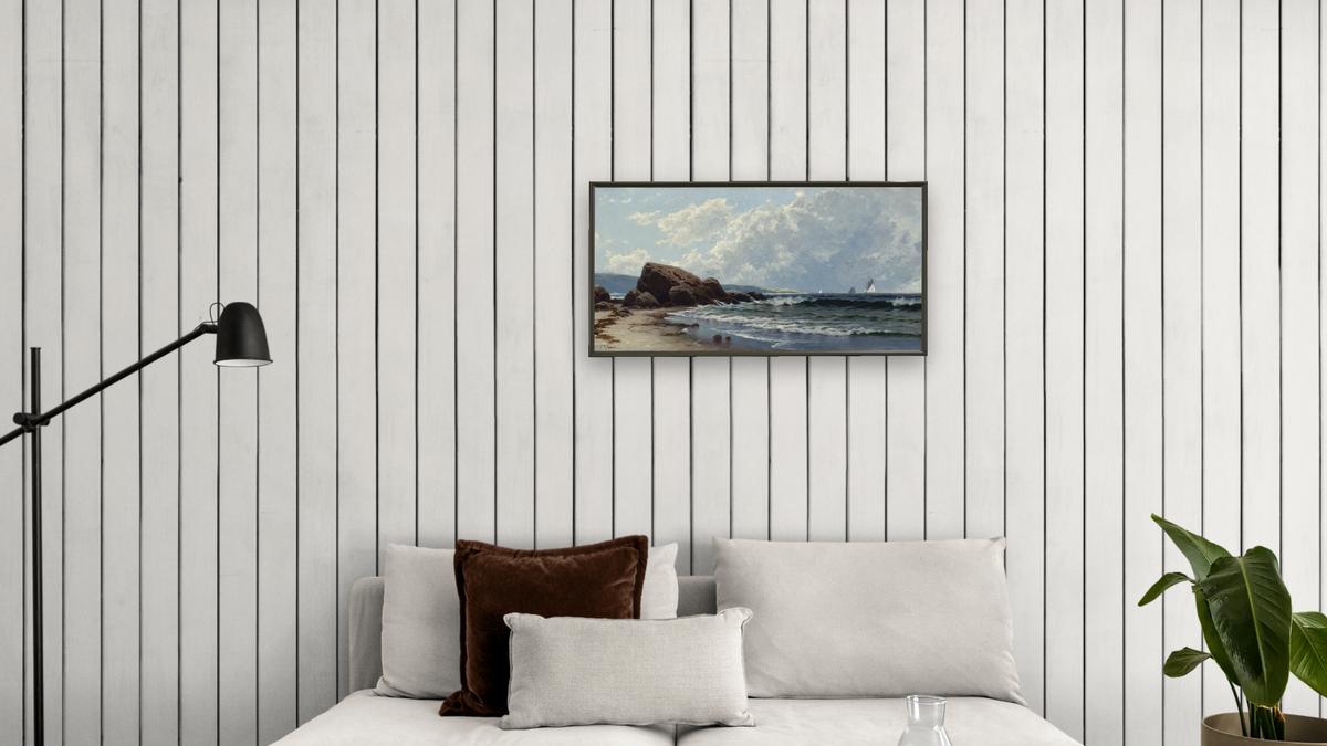 Low Tide, Hetherington's Cove, Grand Manan by Alfred Thompson Bricher, shown at 20 × 40 in (50.8 × 101.6 cm) on canvas in Ramino Satin Black, living