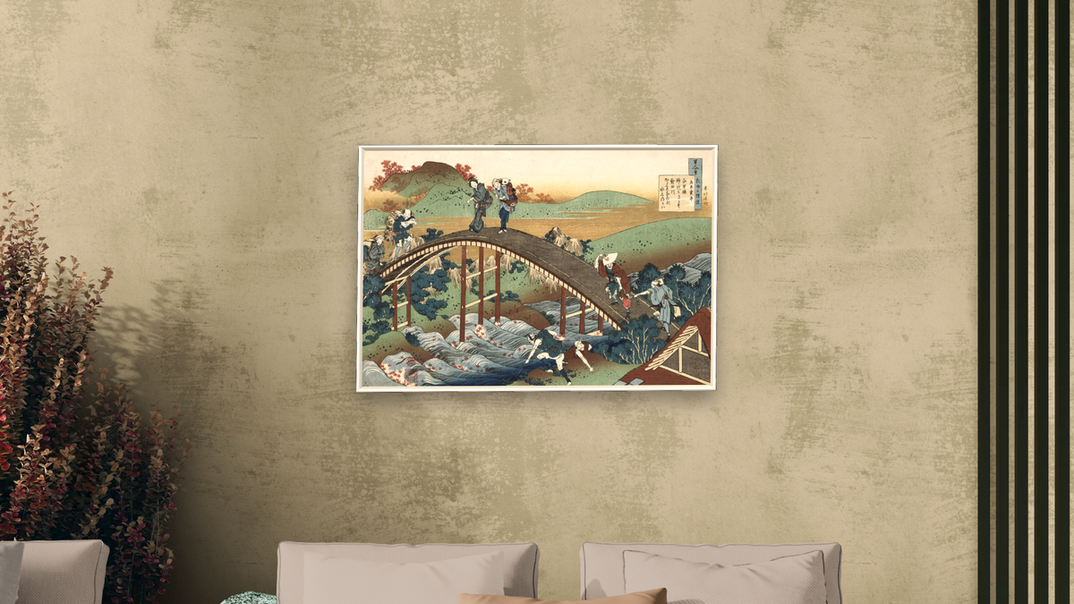Autumn Maple Leaves on the Tsutaya River by Katsushika Hokusai, shown at 28 × 42 in (71.1 × 106.7 cm) on canvas in Ramino Satin Black, living