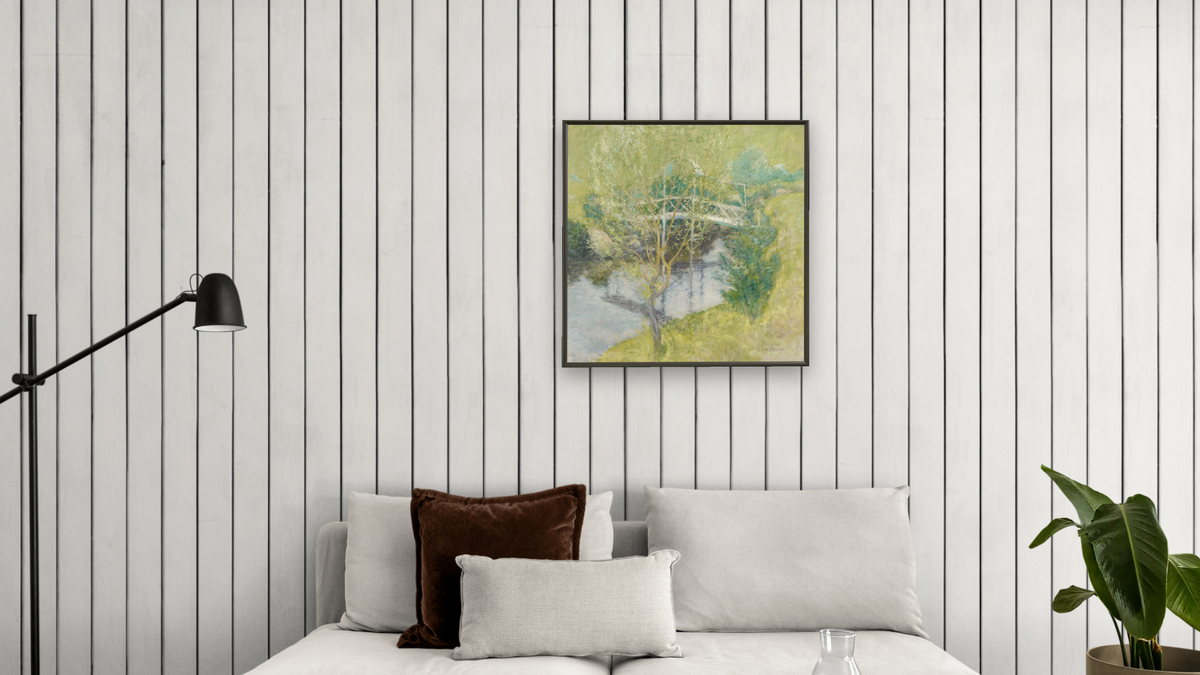 The White Bridge by John Henry Twachtman, shown at 32 × 32 in (81.3 × 81.3 cm) on canvas in Ramino Satin Black, living