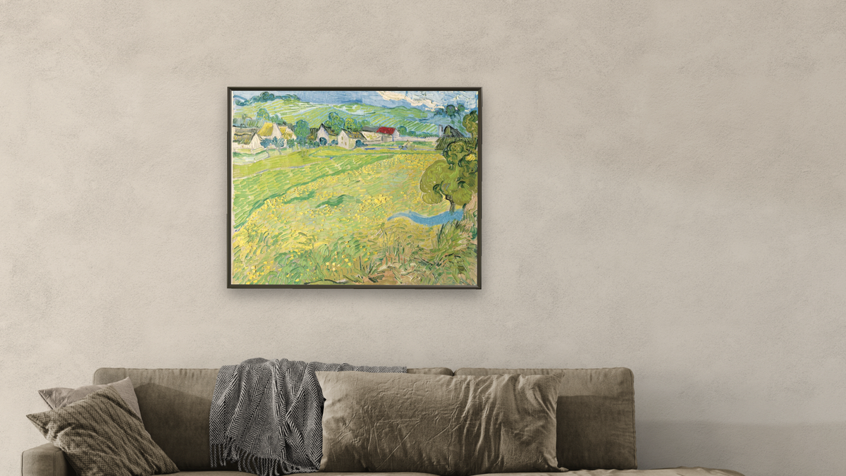 Les Vessenots a Auvers by Vincent van Gogh, shown at 32 × 40 in (81.3 × 101.6 cm) on canvas in Ramino Satin Black, living