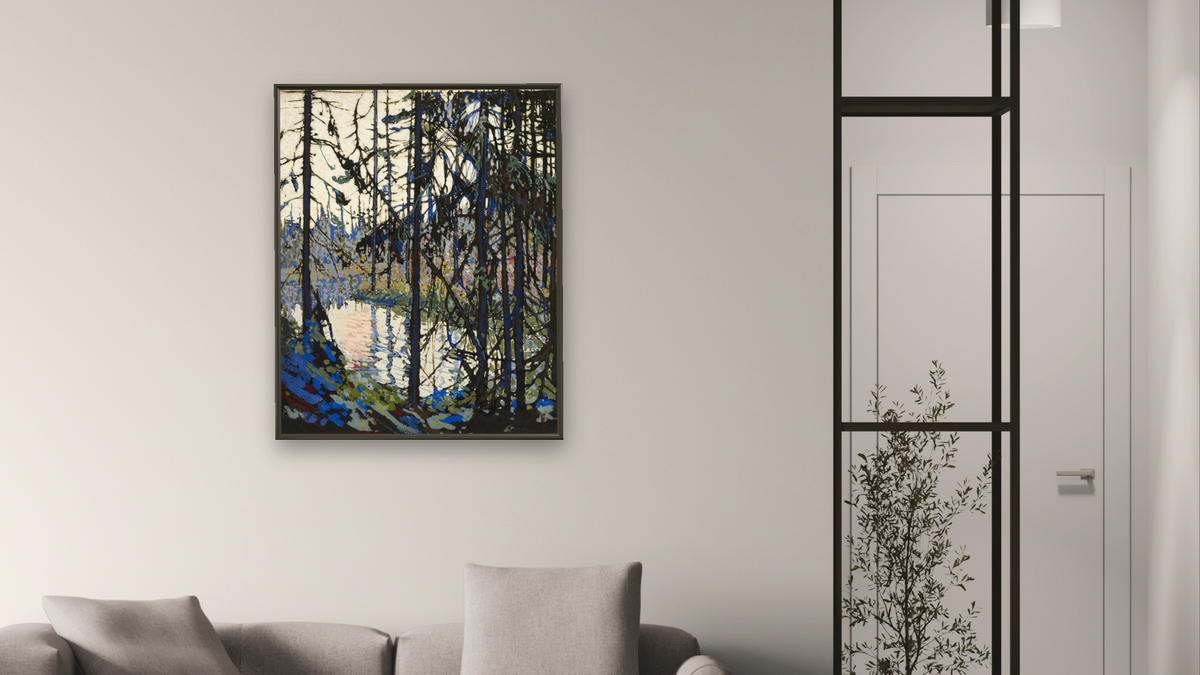 Study for "Northern River" by Tom Thomson, shown at 32 × 40 in (81.3 × 101.6 cm) on canvas in Ramino Satin Black, living