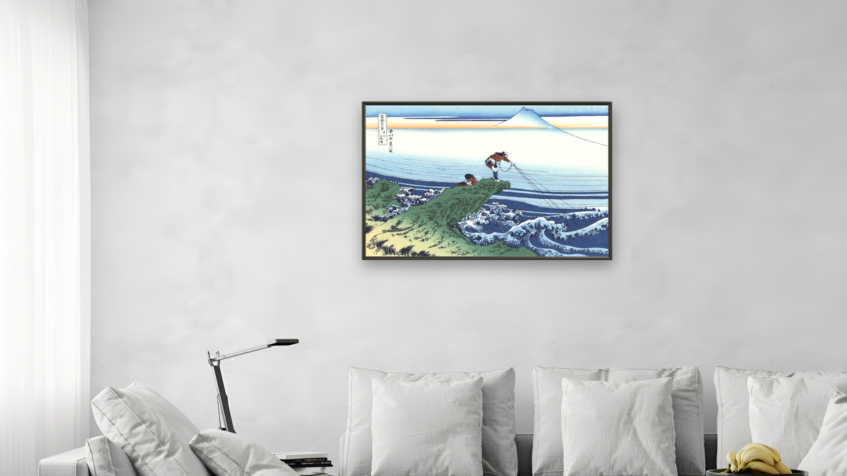 Kajikazawa in Kai Province by Katsushika Hokusai, shown at 28 × 42 in (71.1 × 106.7 cm) on canvas in Ramino Satin Black, living