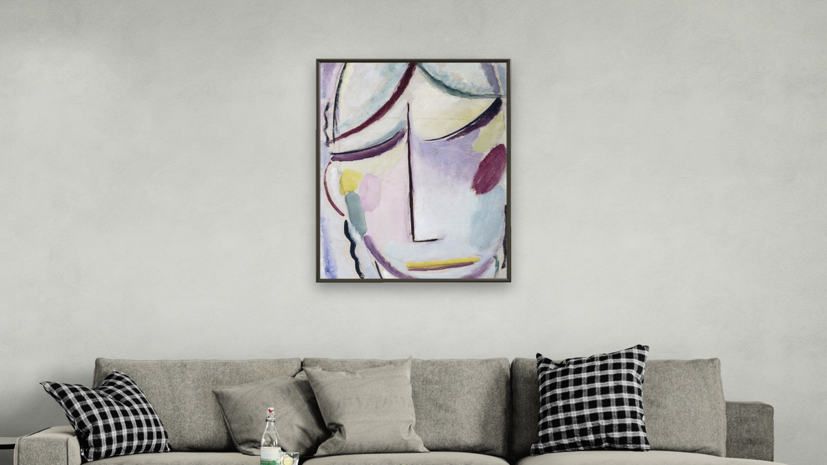 Saviour's Face by Alexei Jawlensky, shown at 30 × 40 in (76.2 × 101.6 cm) on canvas in Ramino Satin Black, living