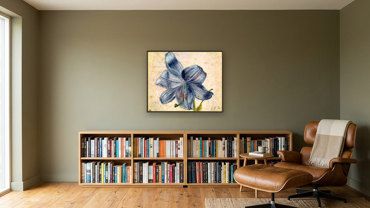 Study of a lily by Albrecht Dürer, shown at 32 × 40 in (81.3 × 101.6 cm) on canvas in Ramino Satin Black, library