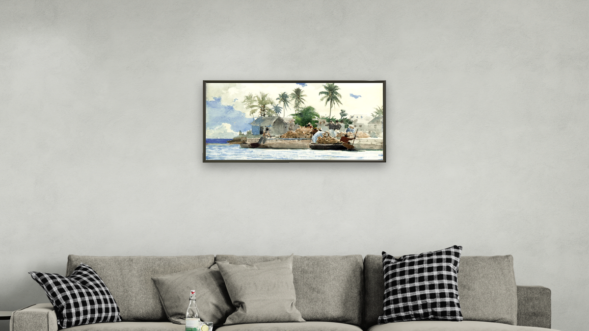 Sponge Fishermen, Bahamas by Winslow Homer, shown at 20 × 40 in (50.8 × 101.6 cm) on canvas in Ramino Satin Black, living