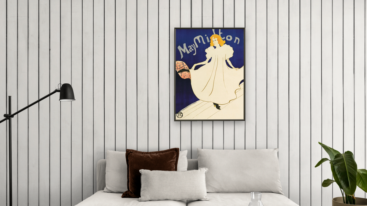 May Milton by Henri de Toulouse-Lautrec, shown at 30 × 40 in (76.2 × 101.6 cm) on canvas in Ramino Satin Black, living