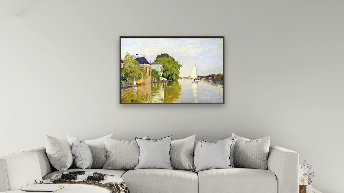 Houses on the Achterzaan by Claude Monet, shown at 28 × 42 in (71.1 × 106.7 cm) on canvas in Ramino Satin Black, living