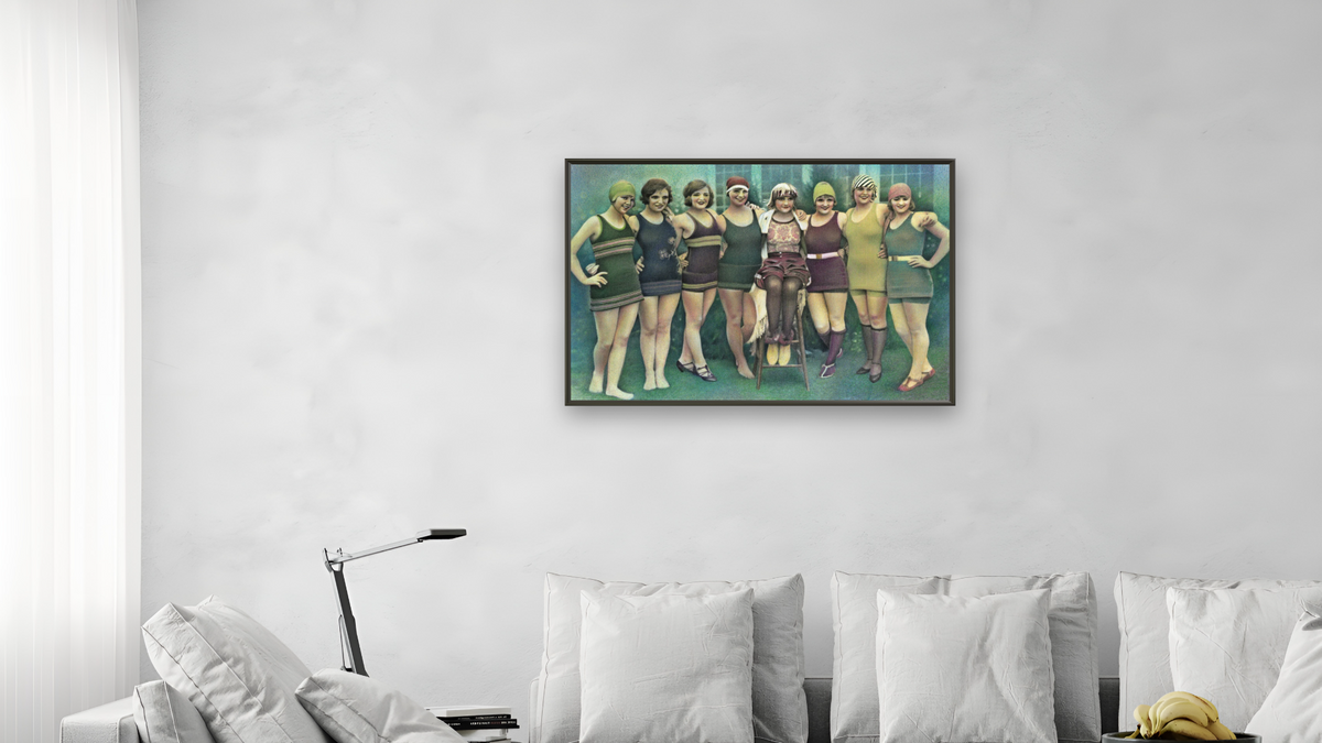 Swimmers by Kirsten Söderlind, shown at 28 × 42 in (71.1 × 106.7 cm) on canvas in Ramino Satin Black, living
