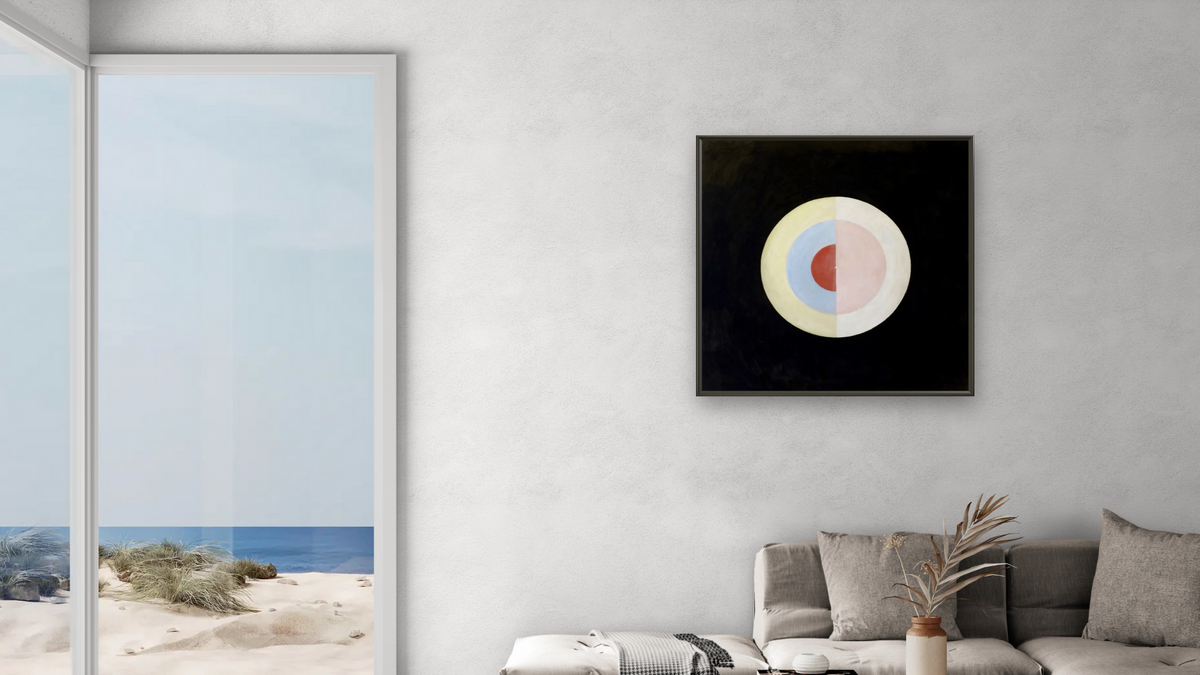Group IX/SUW, The Swan, No 17 by Hilma af Klint, shown at 32 × 32 in (81.3 × 81.3 cm) on canvas in Ramino Satin Black, living