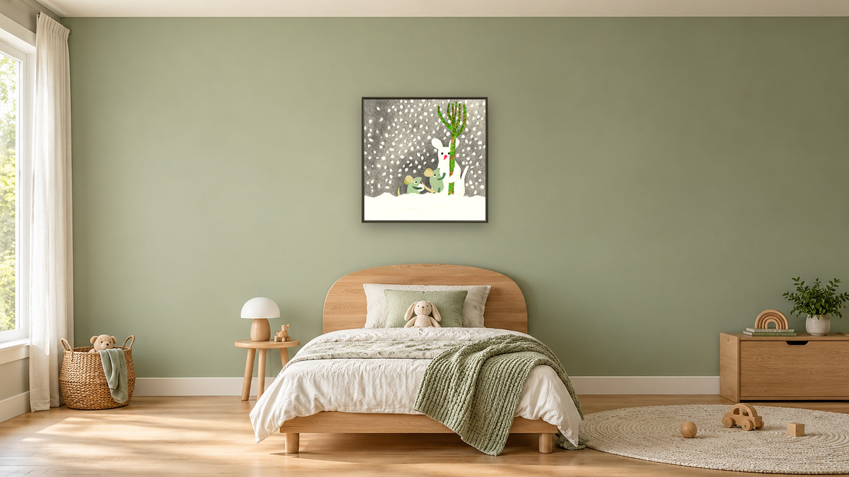 A Busy Year II by Leo Lionni, shown at 32 × 32 in (81.3 × 81.3 cm) on canvas in Ramino Satin Black, kids' room