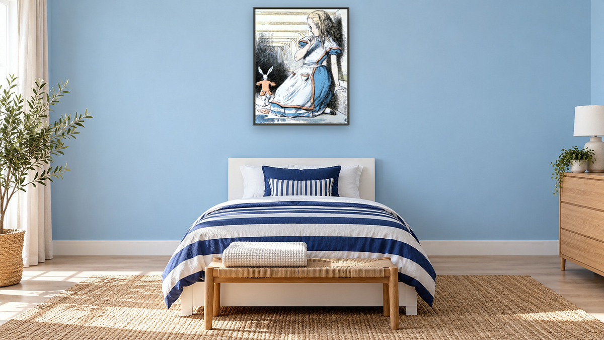 The Pool of Tears, illustration from 'Alice's Adventures in Wonderland' by Lewis Carroll by John Tenniel, shown at 32 × 40 in (81.3 × 101.6 cm) on canvas in Ramino Satin Black, kids' room