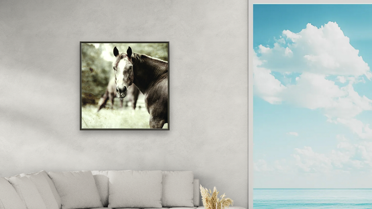 Romeo by Brandon Luther, shown at 32 × 32 in (81.3 × 81.3 cm) on canvas in Ramino Satin Black, living