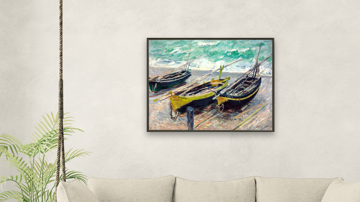 Three Fishing Boats by Claude Monet, shown at 32 × 40 in (81.3 × 101.6 cm) on canvas in Ramino Satin Black, living