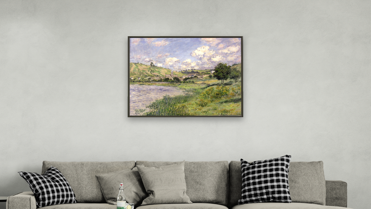 Landscape, Vetheuil by Claude Monet, shown at 32 × 40 in (81.3 × 101.6 cm) on canvas in Ramino Satin Black, living