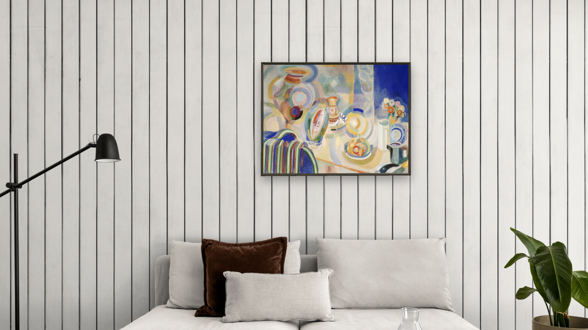 Portuguese Still Life by Robert Delaunay, shown at 30 × 40 in (76.2 × 101.6 cm) on canvas in Ramino Satin Black, living