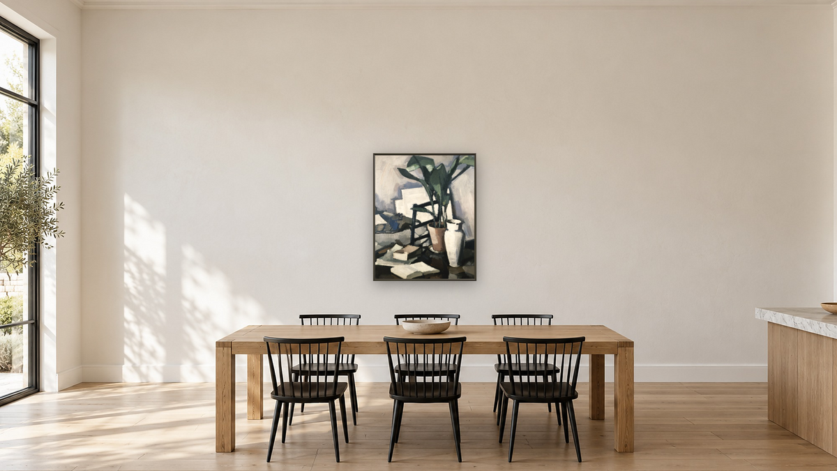 Aspidistra by Samuel John Peploe, shown at 32 × 40 in (81.3 × 101.6 cm) on canvas in Ramino Satin Black, kitchen